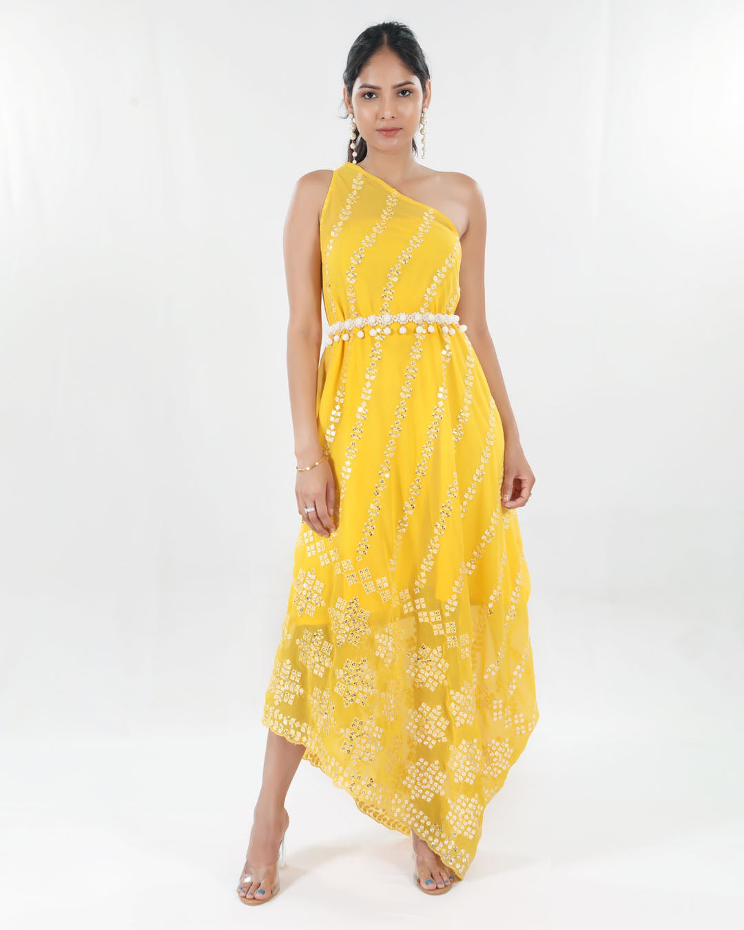Yellow cowl dress with inner and pearl belt
