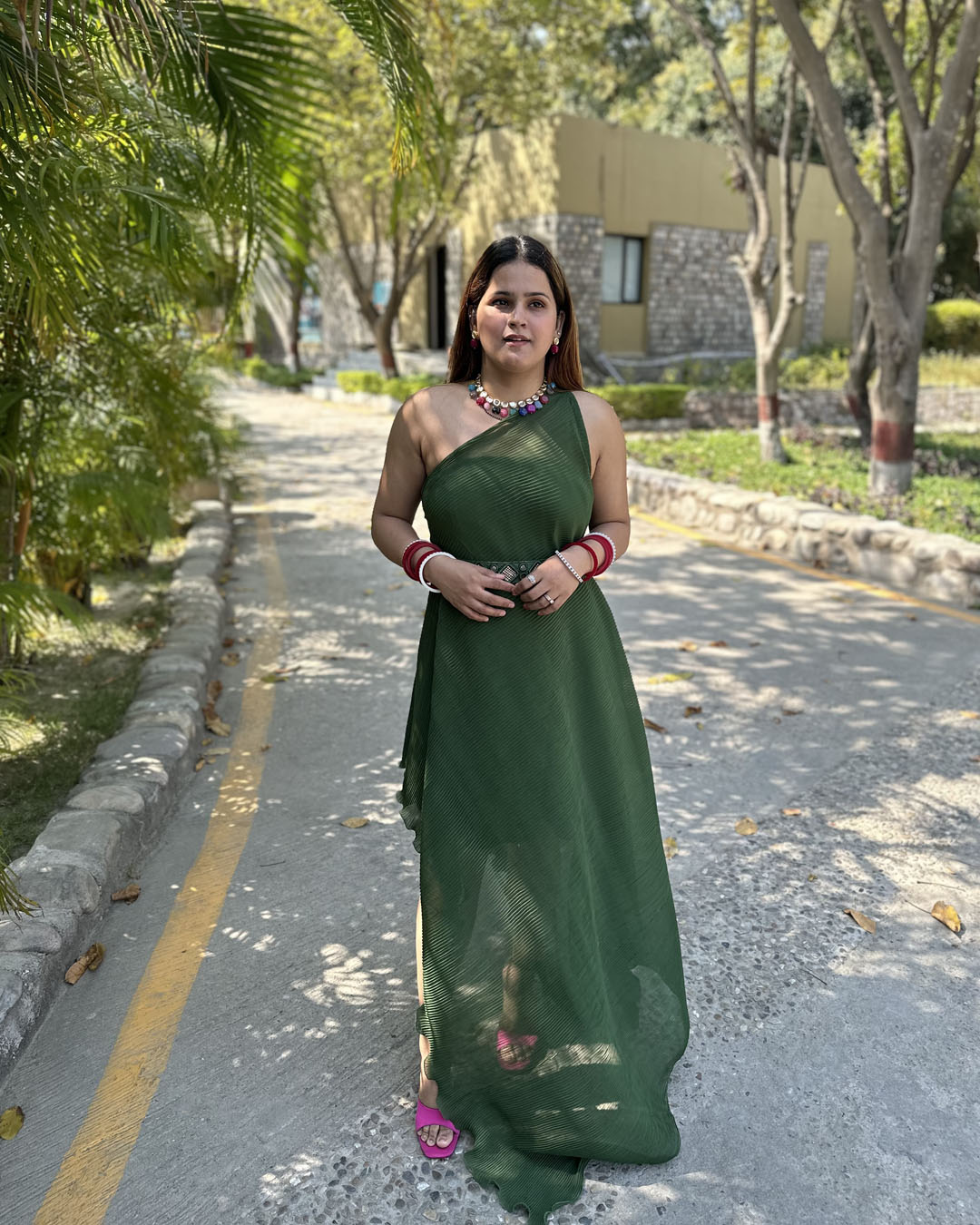 Green Cowl Dress with cotton inner and belt