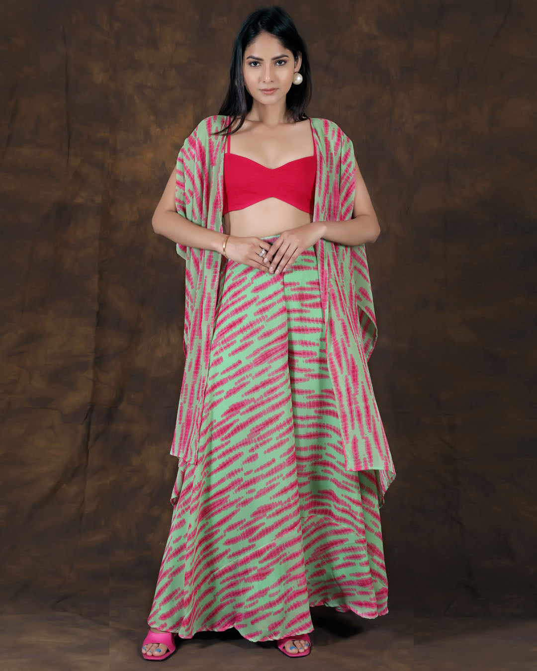 Pink striped crop top with flare pants and shrug (Set of 3)