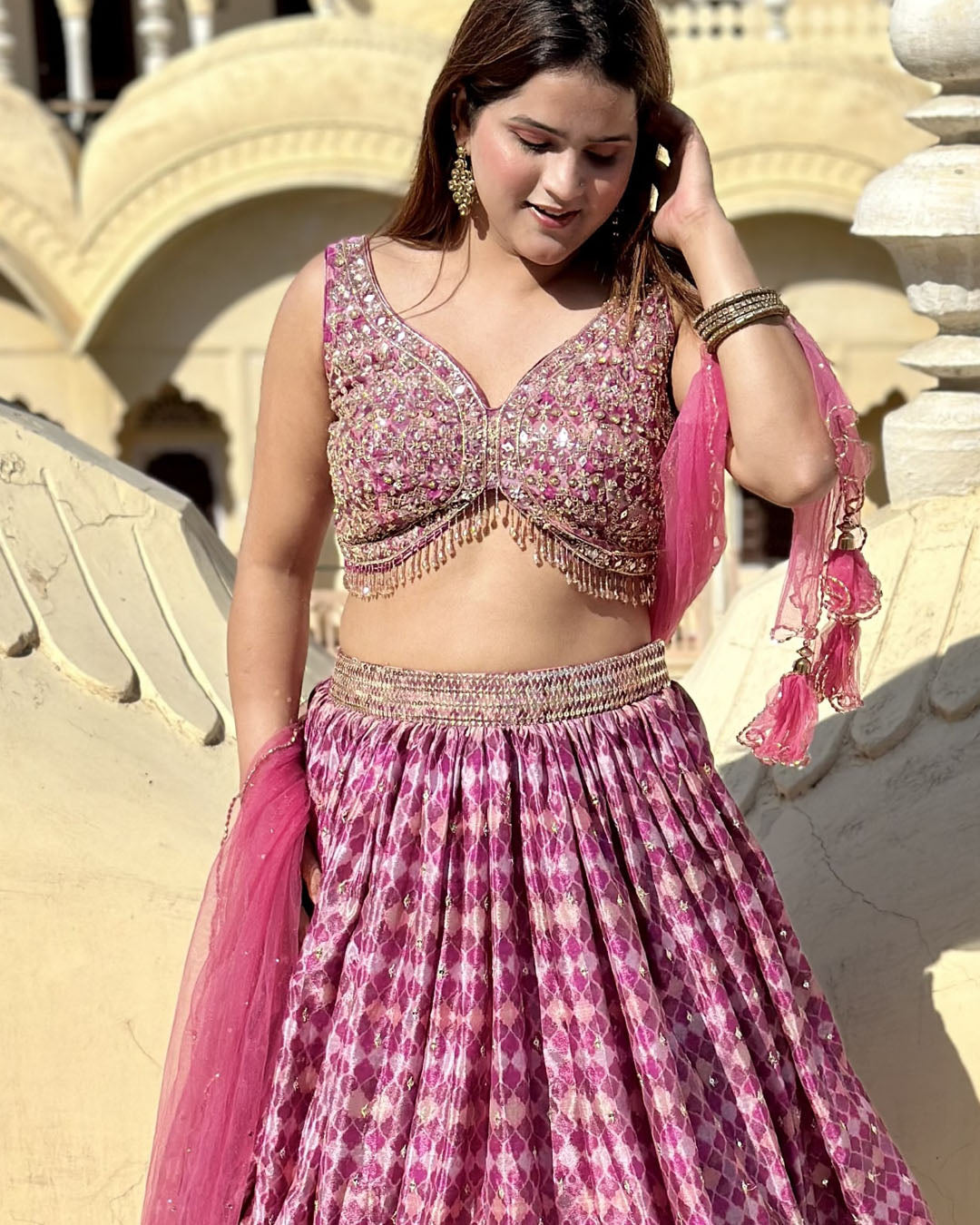 Pink Embellished foral print embroidery Lahenga set (pack of 3)