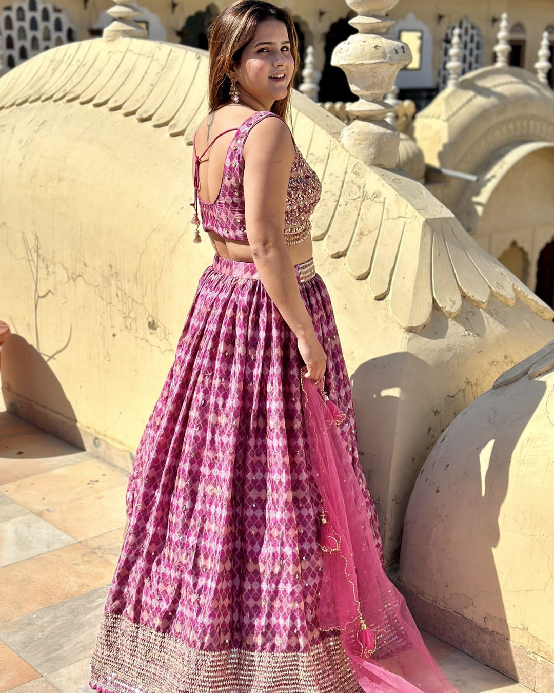 Pink Embellished foral print embroidery Lahenga set (pack of 3)