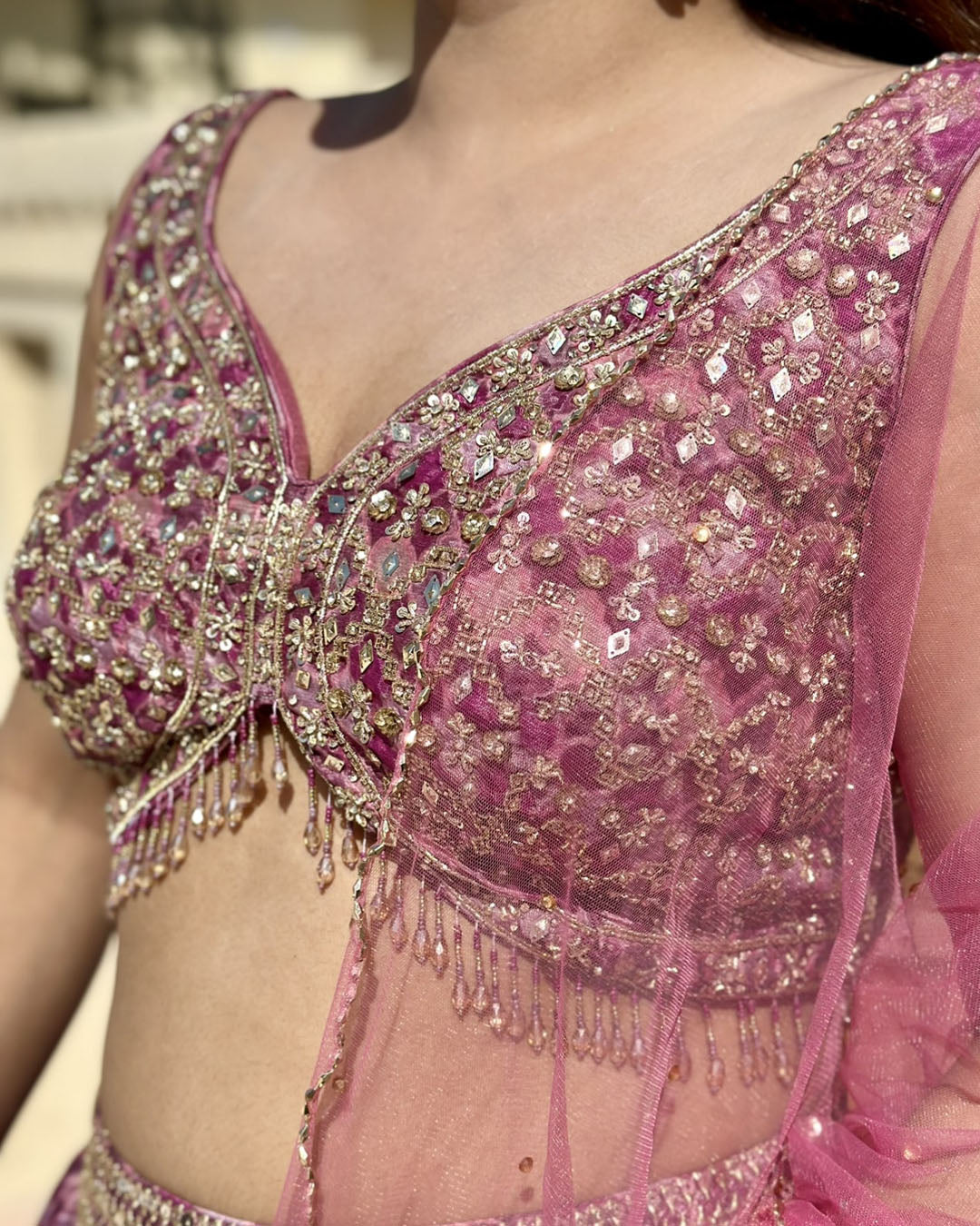 Pink Embellished foral print embroidery Lahenga set (pack of 3)