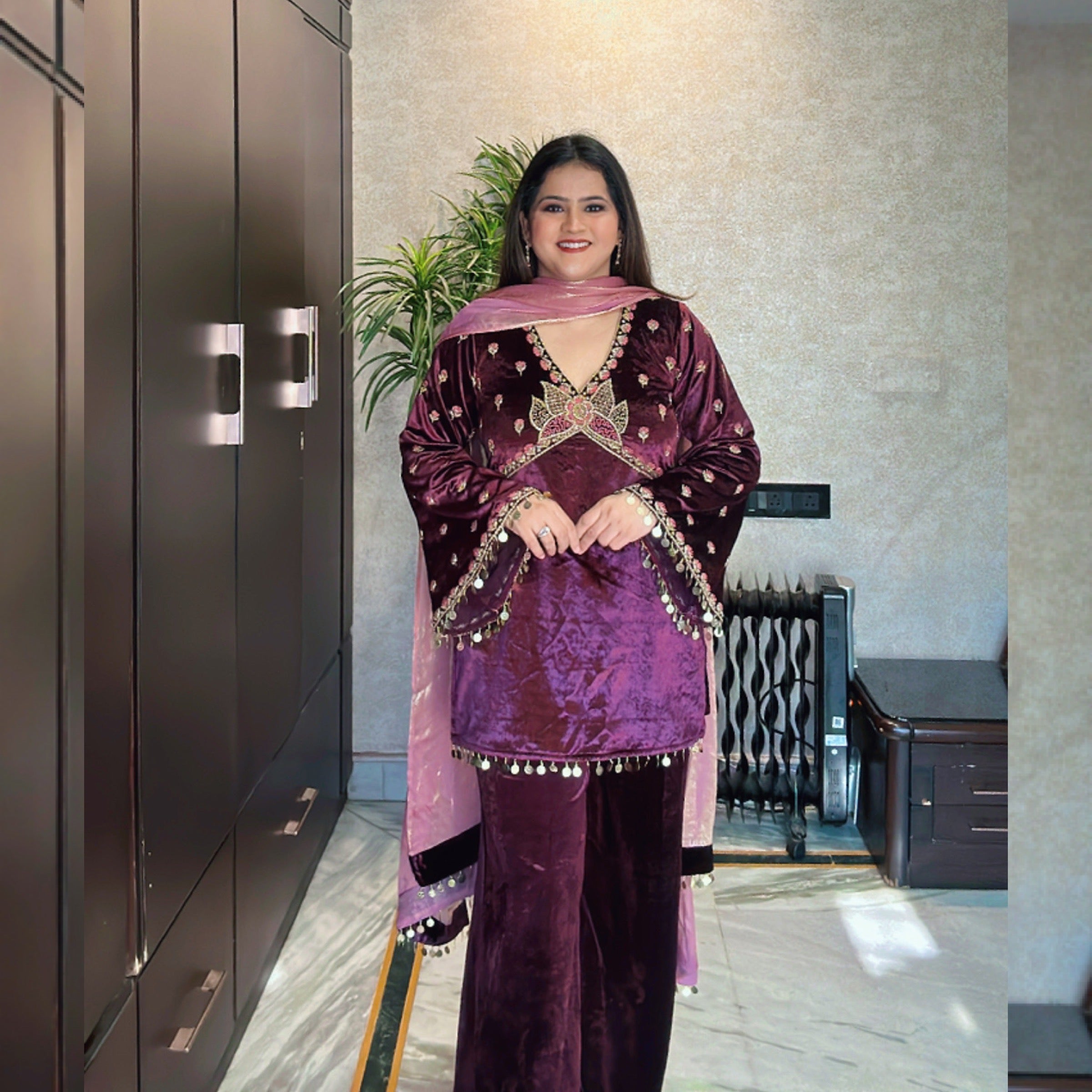 Wine Velvet Suit Set