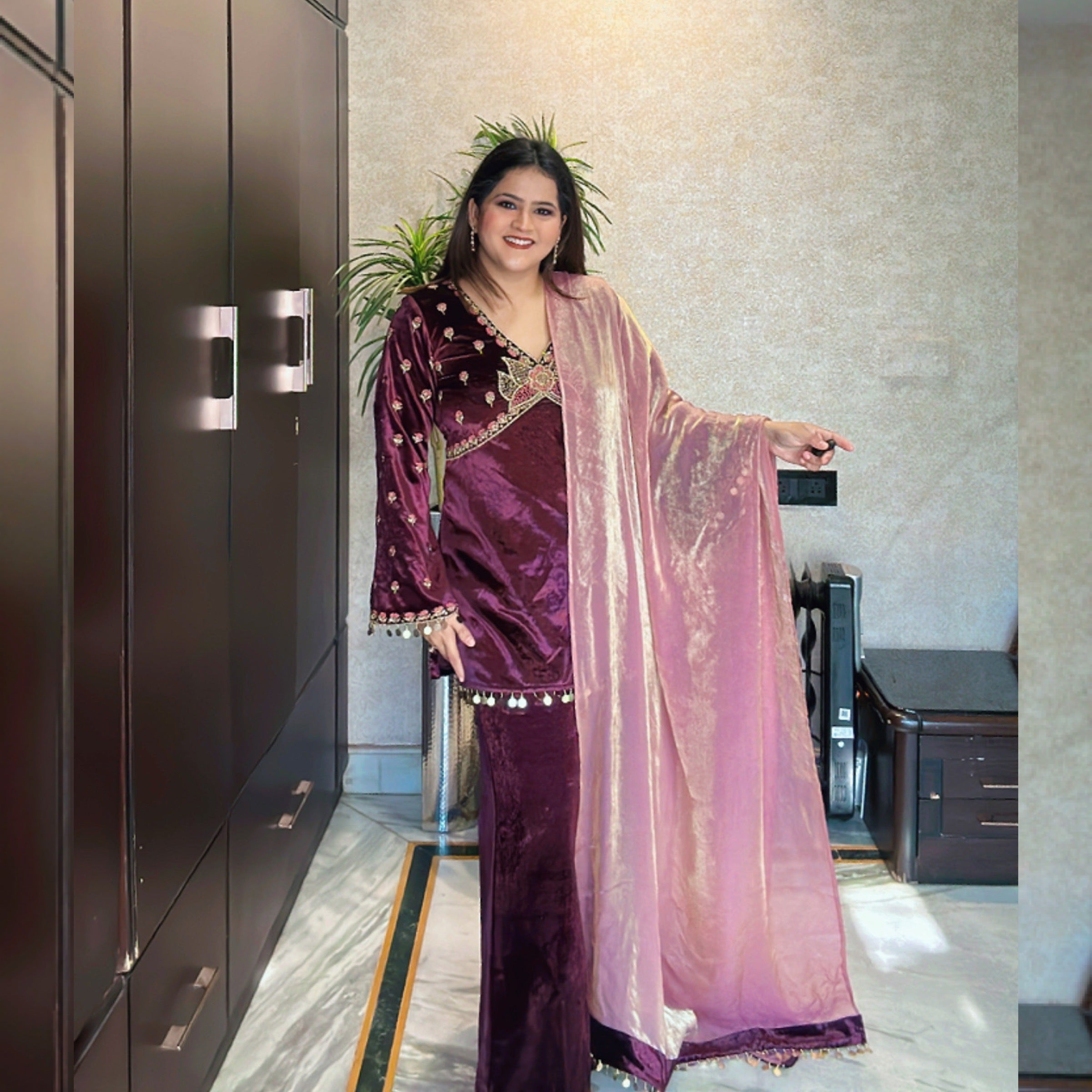 Wine Velvet Suit Set