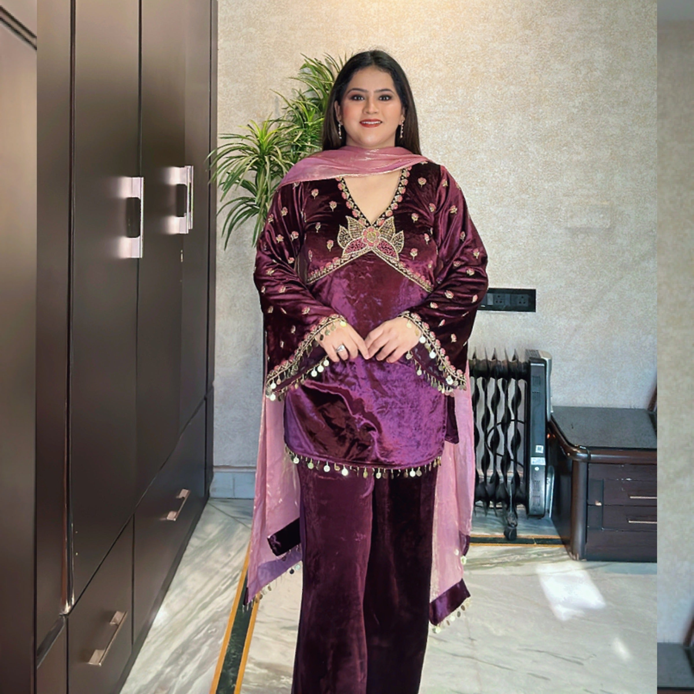 Wine Velvet Suit Set