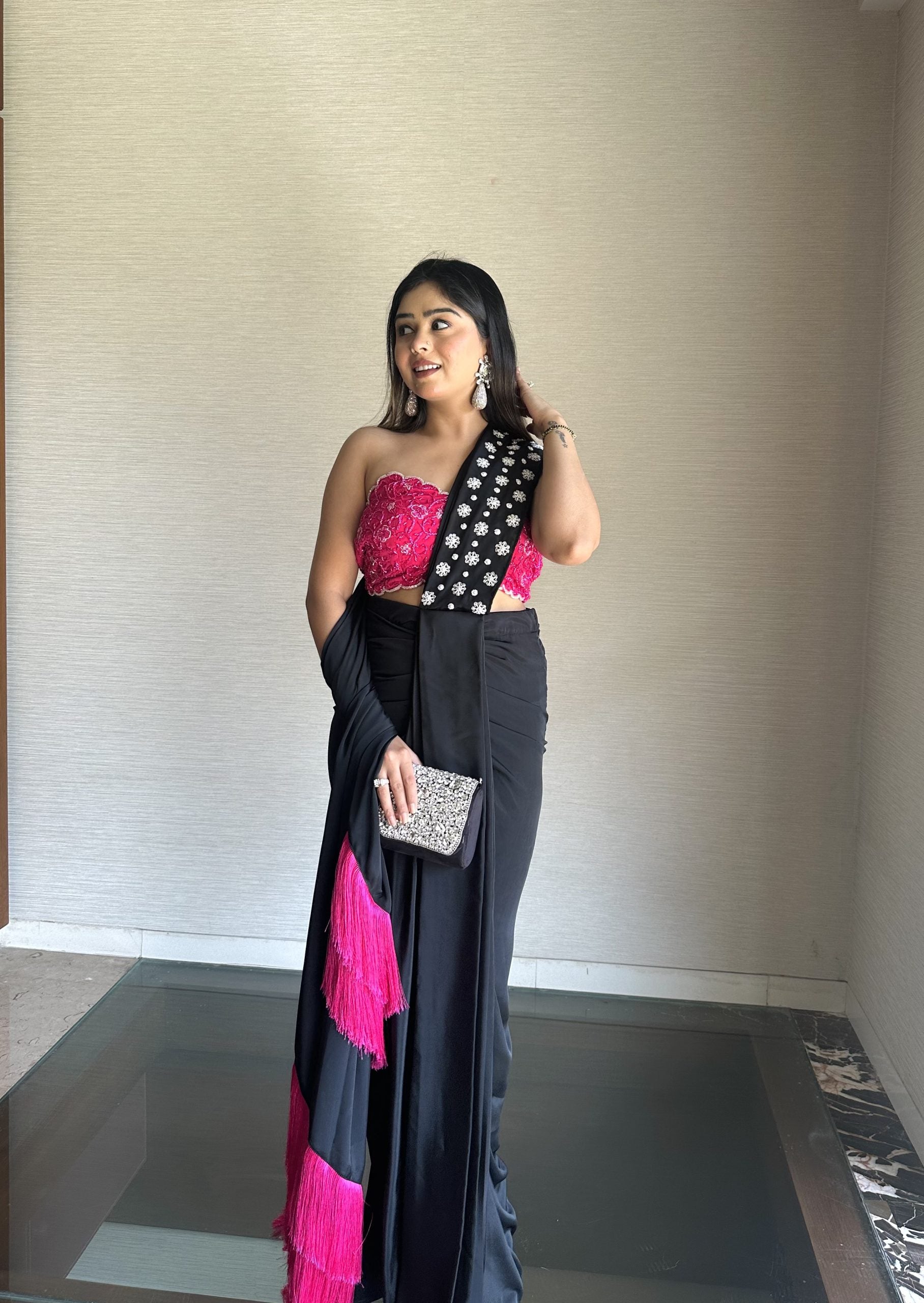 Black Pink Fringes Drape