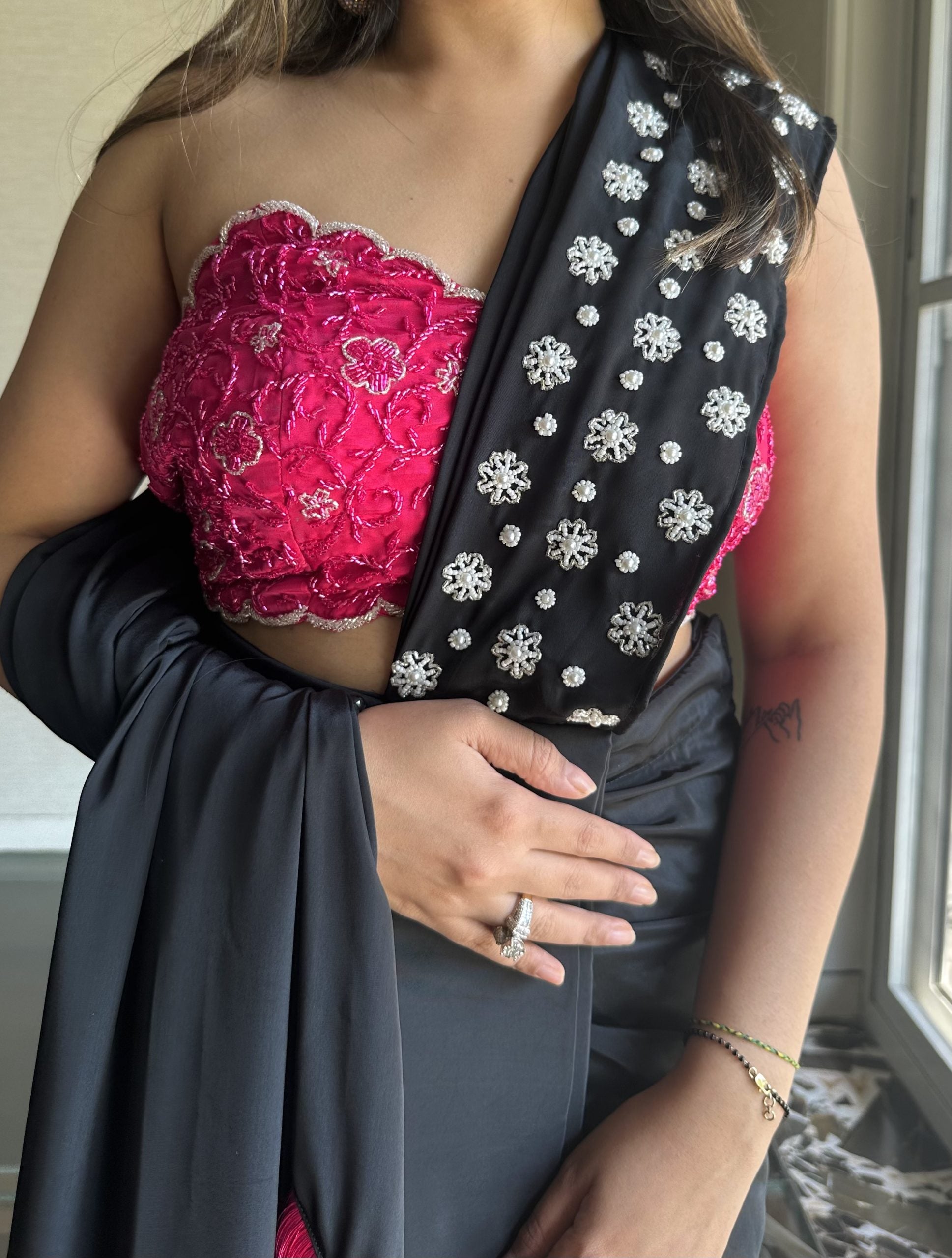 Black Pink Fringes Drape