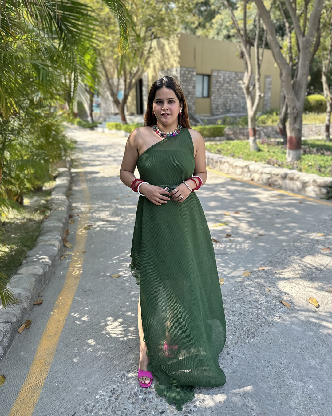 Green Cowl Dress with cotton inner and belt