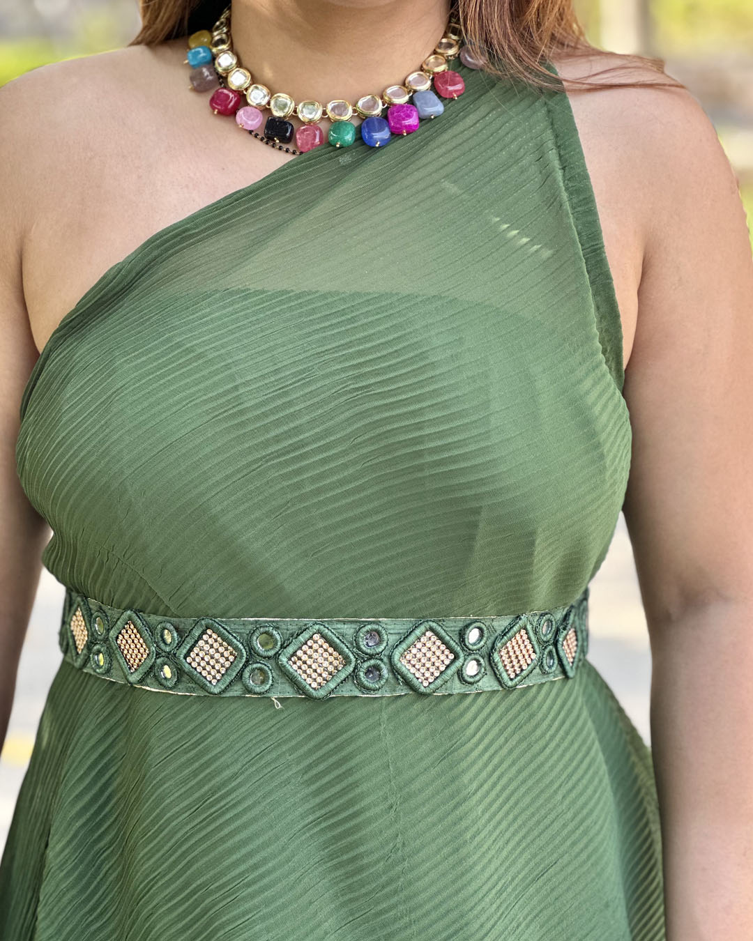 Green Cowl Dress with cotton inner and belt