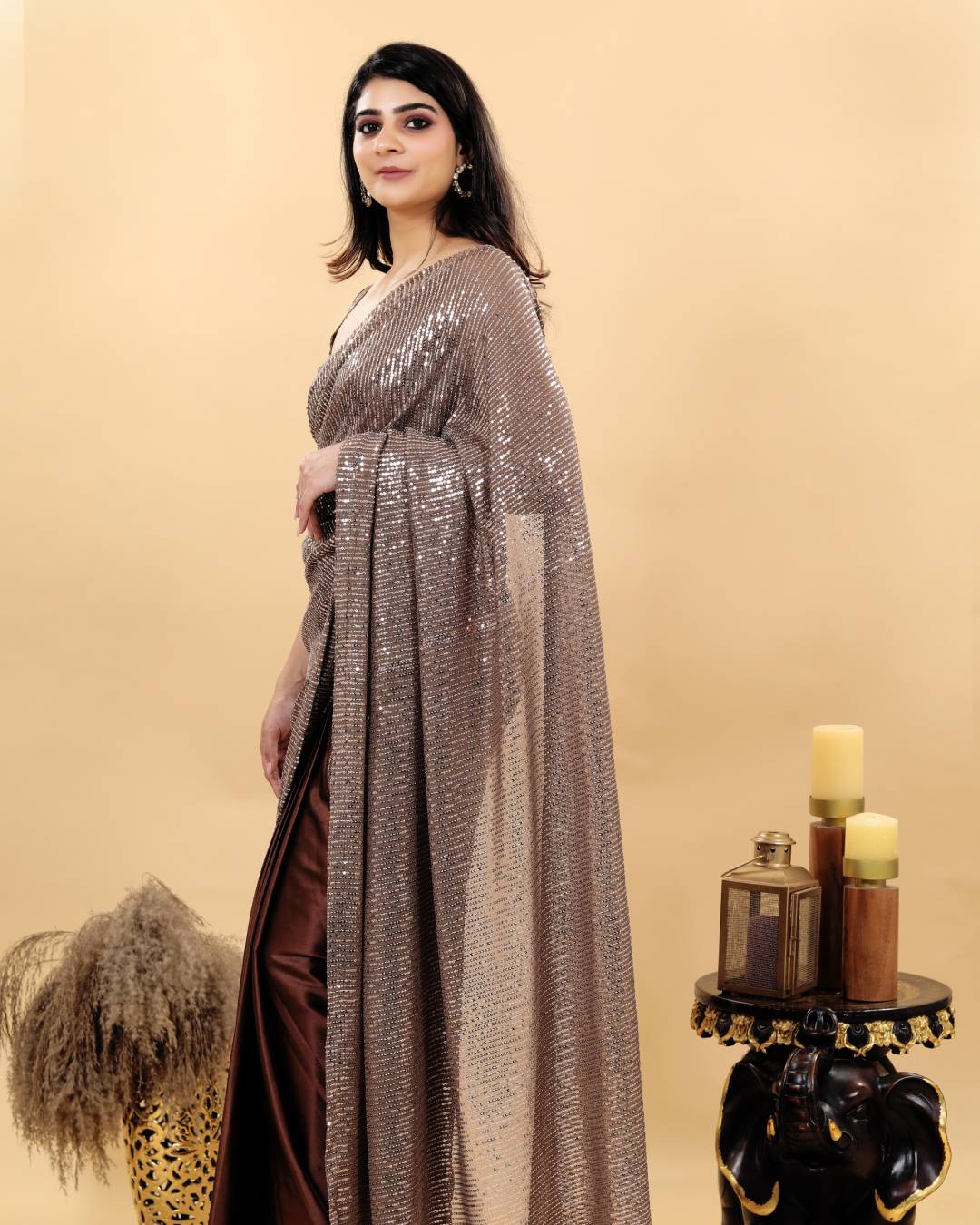 Brown Sequence Half and Half Saree