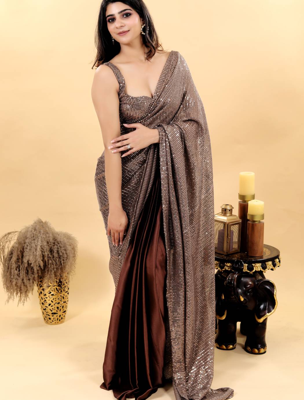 Brown Sequence Half and Half Saree
