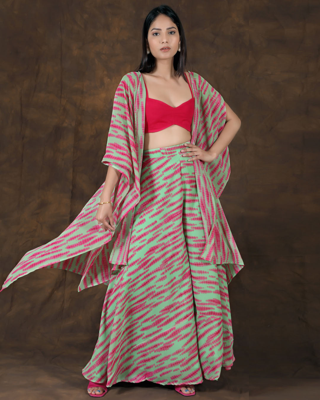 Pink striped crop top with flare pants and shrug (Set of 3)