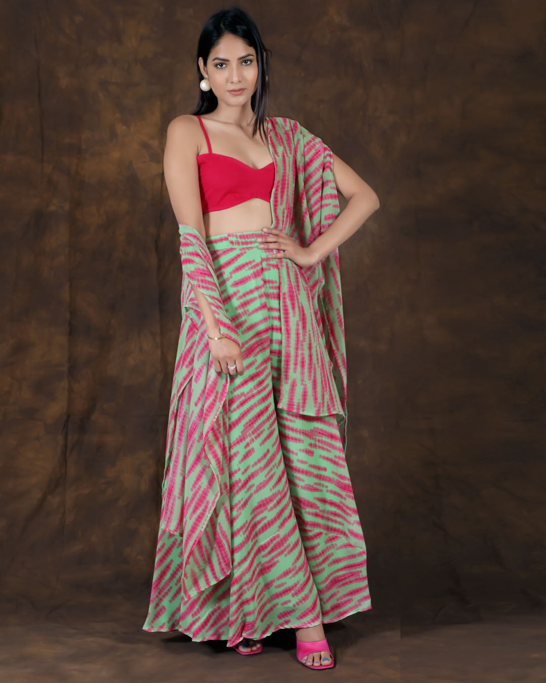 Pink striped crop top with flare pants and shrug (Set of 3)