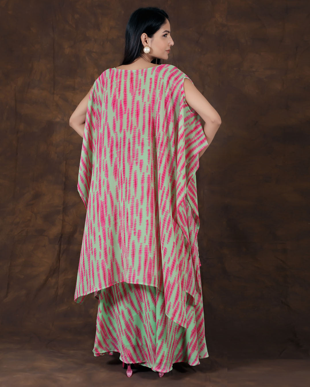 Pink striped crop top with flare pants and shrug (Set of 3)