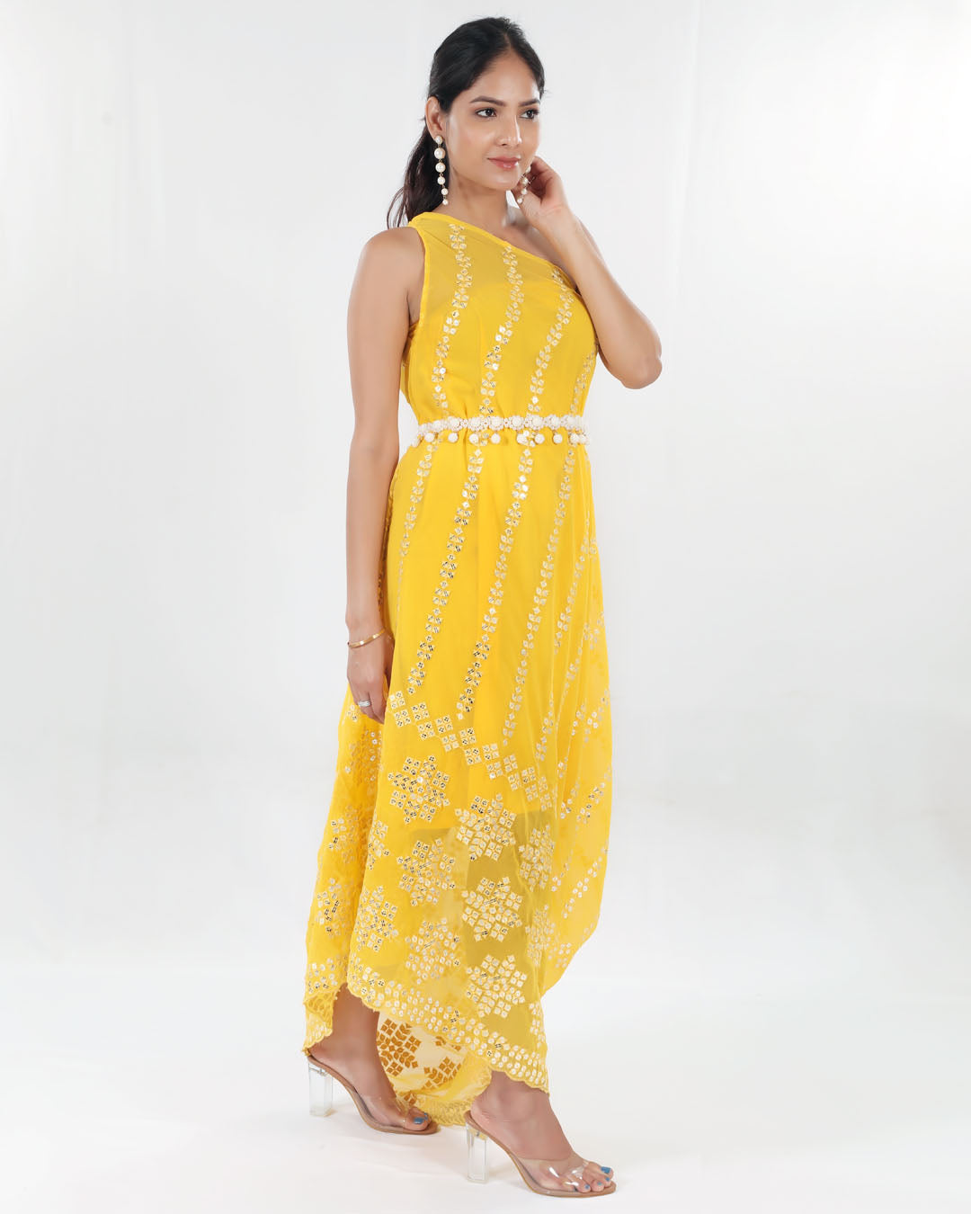 Yellow cowl dress with inner and pearl belt