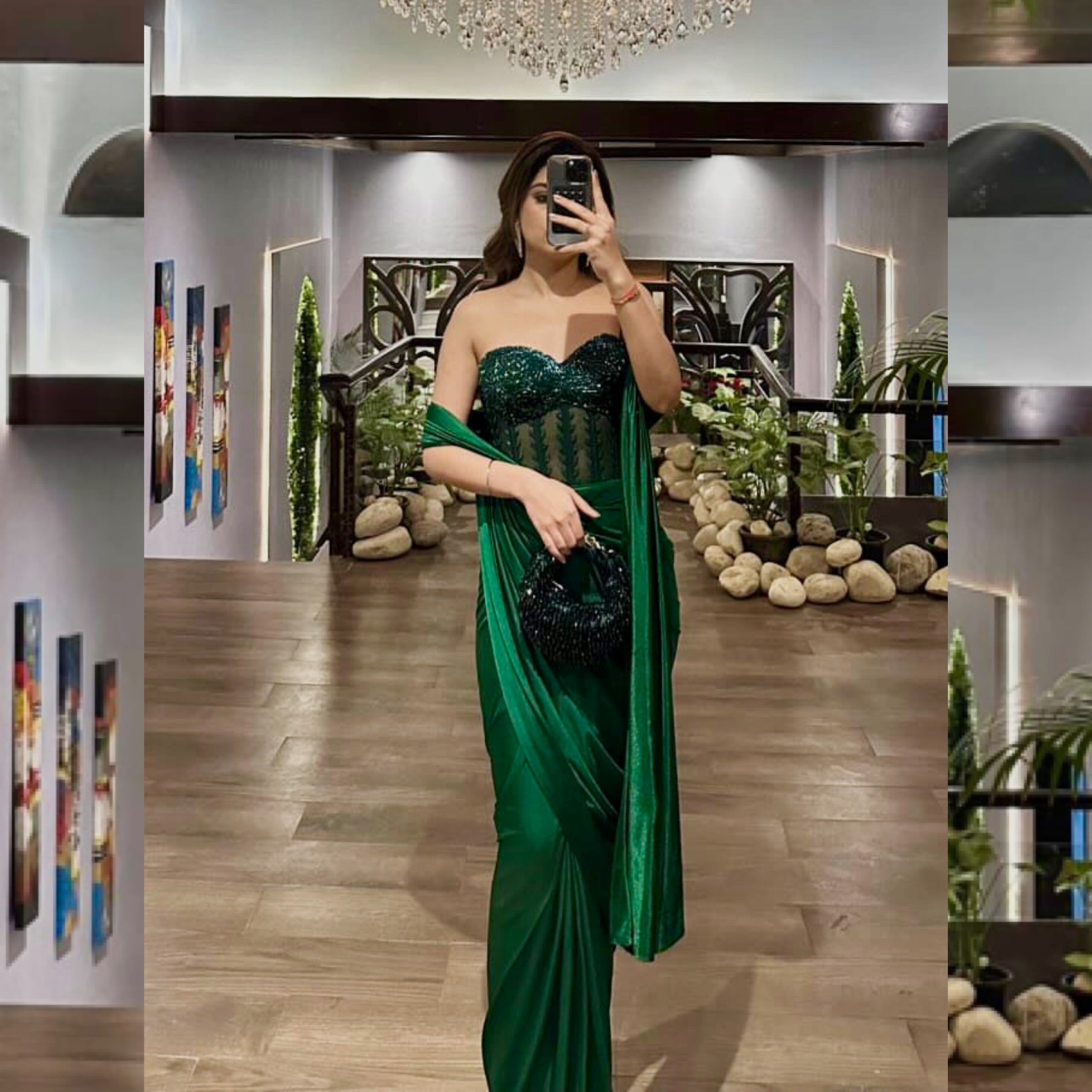 Green Off shoulder Corset Saree